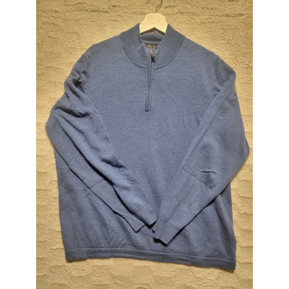 Jos A Bank Traveler Mens XL Blue 100% Merino Wool Quarter Zip Sweater Mock Neck